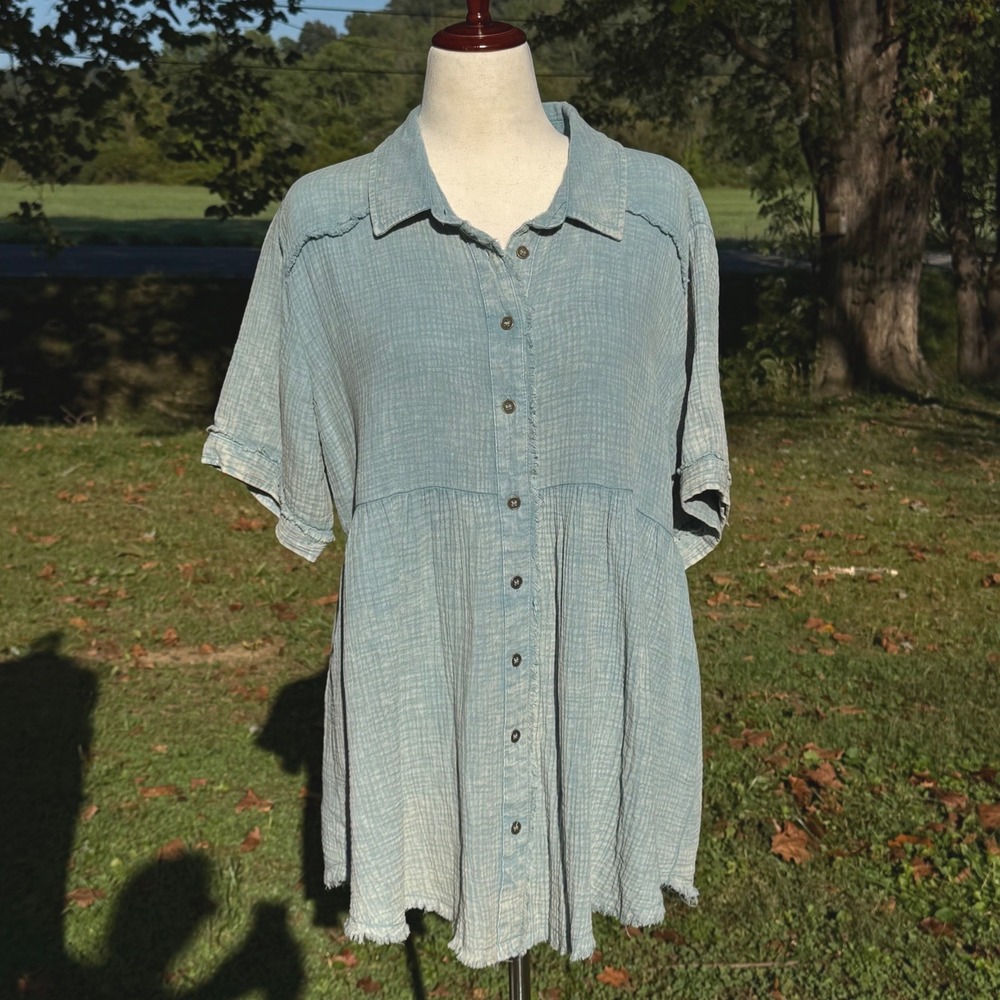 Umgee Plus Blue Cotton Gauze Babydoll Tunic Top XL Raw Edge Mineral Wash WK6397